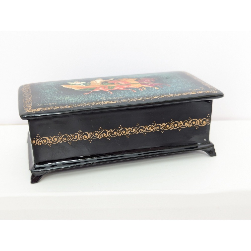 Vtg Handpainted Russian Trinket Box Lacquer Mstera Signed Horses Troika Sleigh - Picture 3 of 16